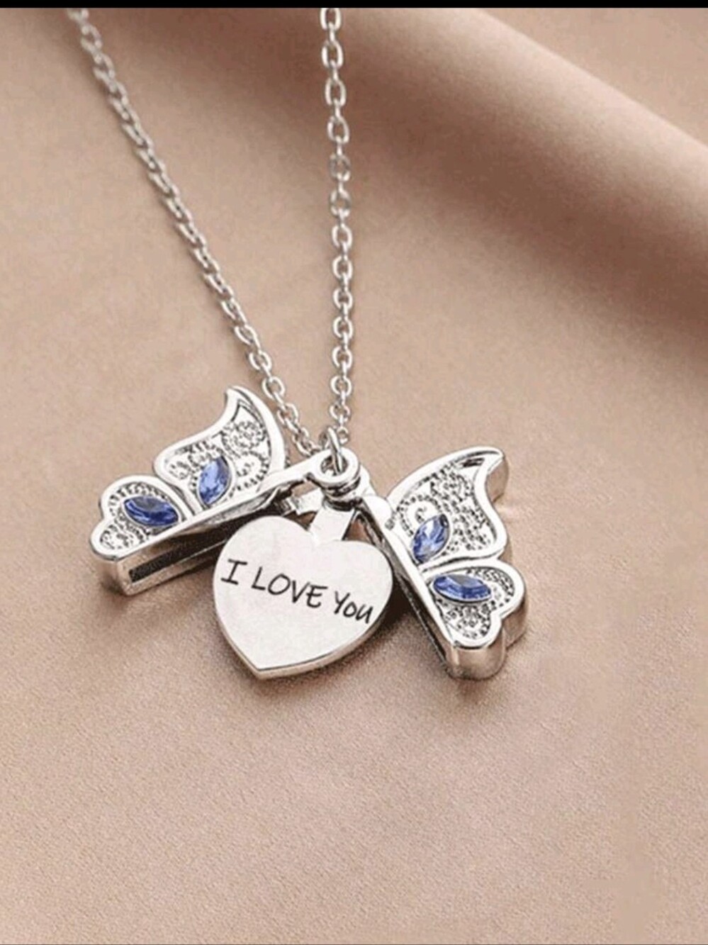 I Love You Silver Butterfly Heart Pendant Necklace